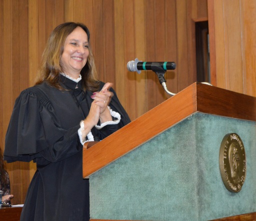 Profª Liedi, durante cerimônia de titulação de docentes, 22 fevereiro de 2018, EPUSP