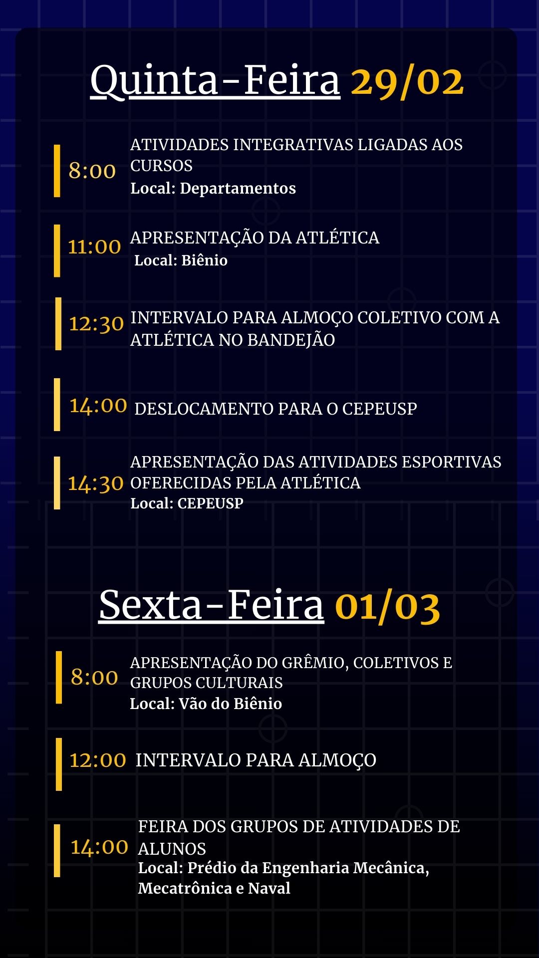 Programação Semana de Ingressantes (Formato Stories)